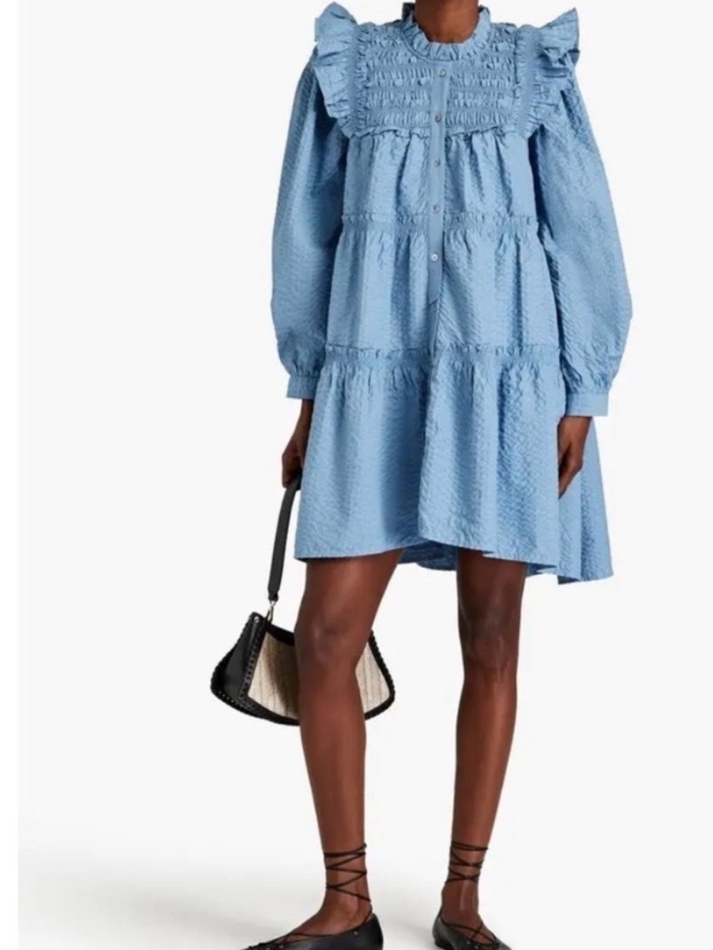 Sea Light Blue Smocked Ruffle Tiered Long-Sleeve Mini Dress